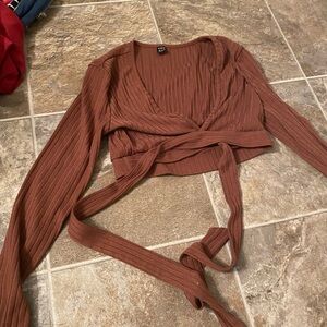 Brown Cross Tie Long Sleeve Crop Top